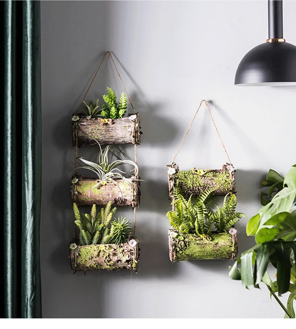 Household Wall Hanging Flower Pot Natural Bark Flower Pot Handmade Hemp Rope Bow Vertical Flower Pot Creative Wall Decoration
