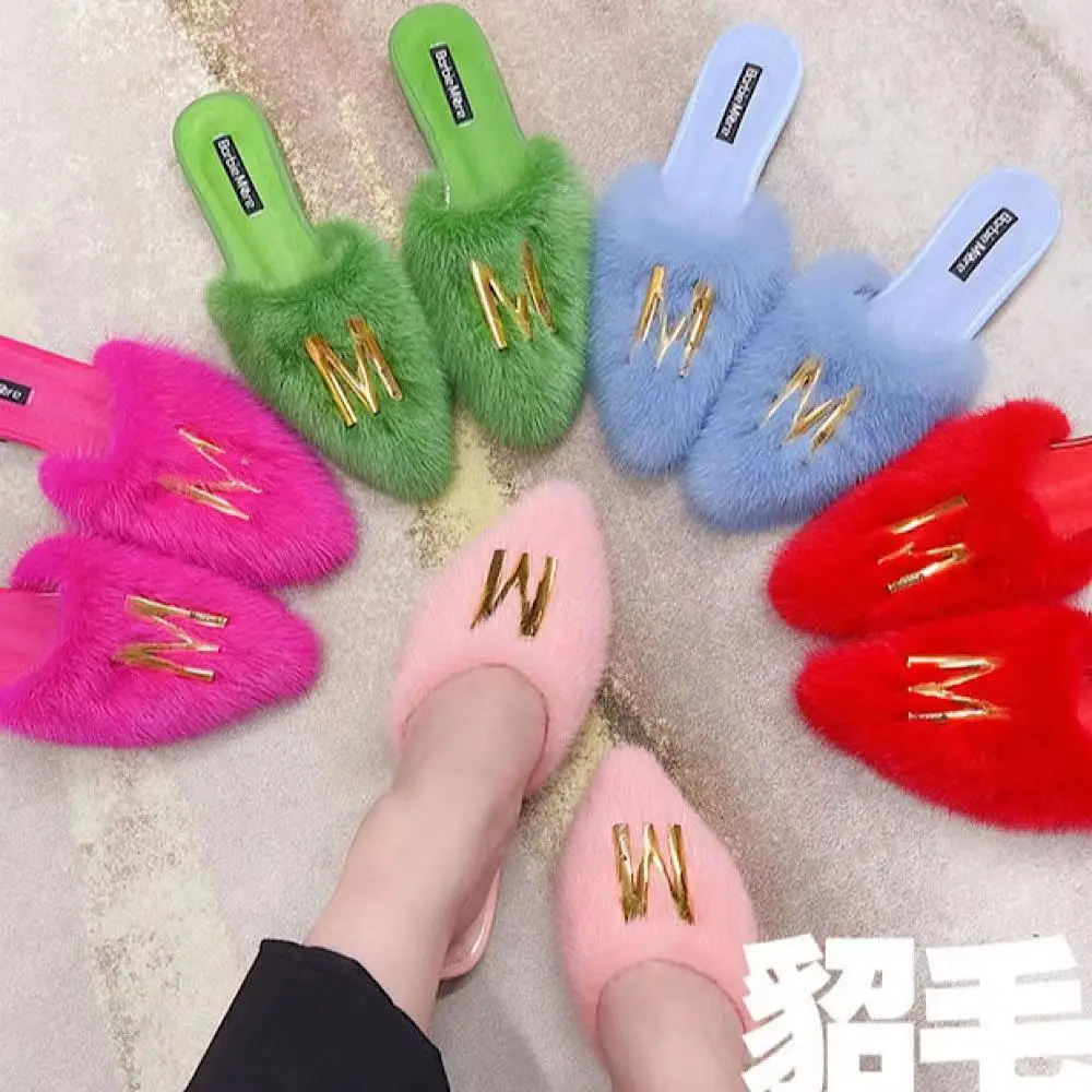 

European station, pointed-toed fur slippers female outer wear 2021 autumn letter Baotou lazy half-drag 100% mink flat mules