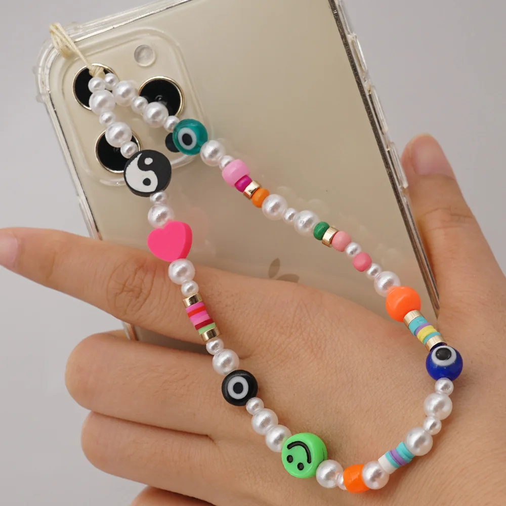 

Trendy Heart-Shaped Devil's Eyes Smiley Face White Imitation Pearl LOVE Letter Stars Women's Mobile Phone Lanyard Chain Jewelry
