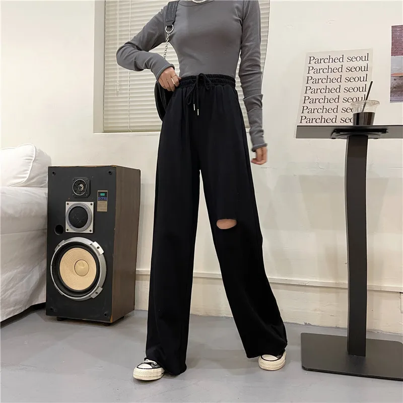 

Брюки с завышенной талией, приталенные, универсальные широкие брюки с дырками, повседневные спортивные штаны, лето 3189