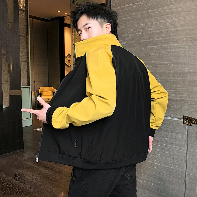 

2021 New Jacket Spring New Fashion Slim Short Jacket Color Matching Jacket Men's Trendy Jacket Men's Stand-up Collar Slim Jacket
