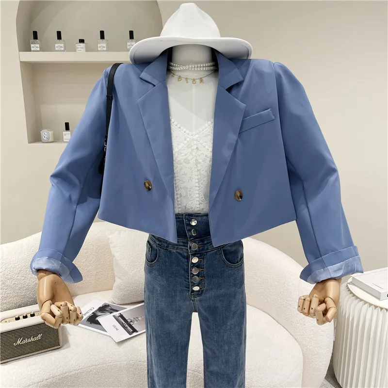 

Women's Spring Summer 2021 Niche Design Fashion Temperament Lapel 2 Button Shoulder Pad Short Suit Coat Solid Long Sleeve Top