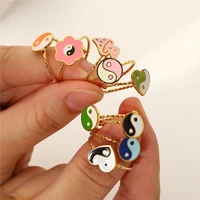 trendy stainless steel colorful glazed ying yang heart mushroom flower ring for women ladies tai chi gold color open joint ring