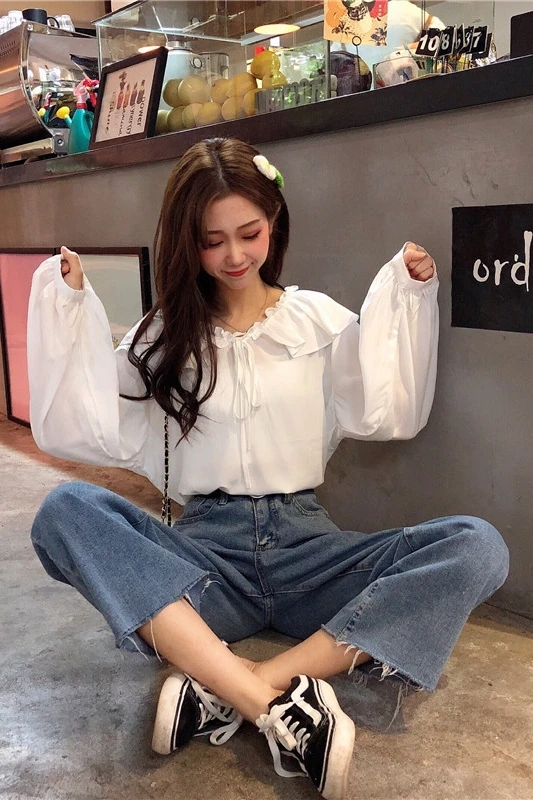 Новые осенние милые женские рубашки с оборками свободная Студенческая блузка