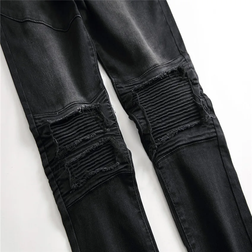 Высококачественные черные мужские байкерские джинсы в стиле панк хип-хоп