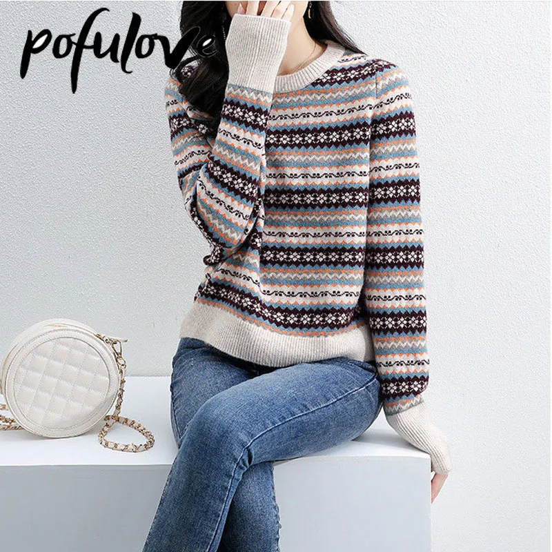 Свитер женский в этническом стиле пуловер ретро вязаный Свободный Топ трендовый