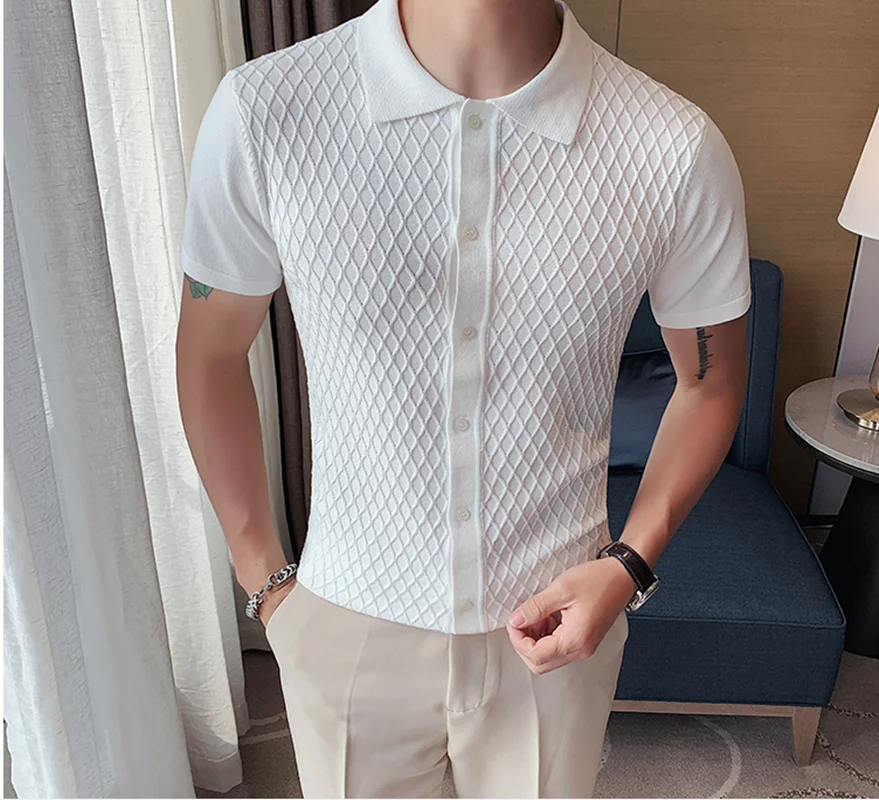 

2021 high-end new design brand summer British slim lapel mesh knitted ice silk casual polo cardigan fashion men's clothing