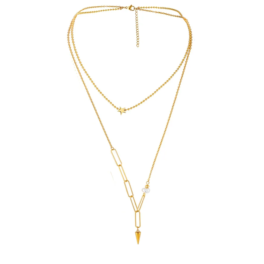 

Five-Pointed Star Necklace For Women Collarbone Choker Geometry Conical Pendant Stainless Steel Gold Color Double Chain
