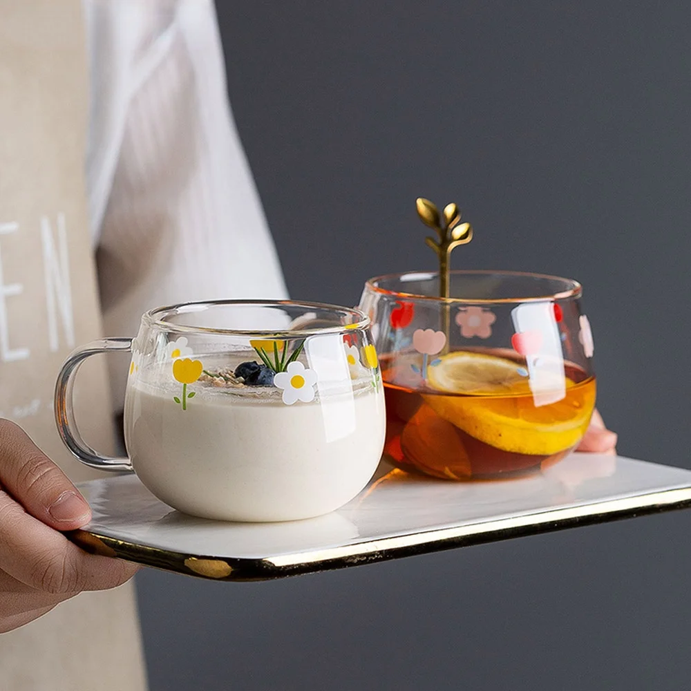 

400ml Flower Milk Cup With Spoon Coffee Breakfast Mug Set Dessert Plate Japanese Style Water Cup And Dish Cute Girls Gifts