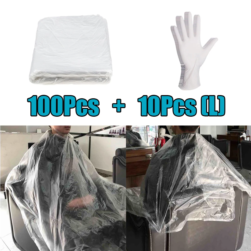 

100 Pieces Waterproof Disposable Hair Cutting Cape Capes Apron 10 Gloves _L