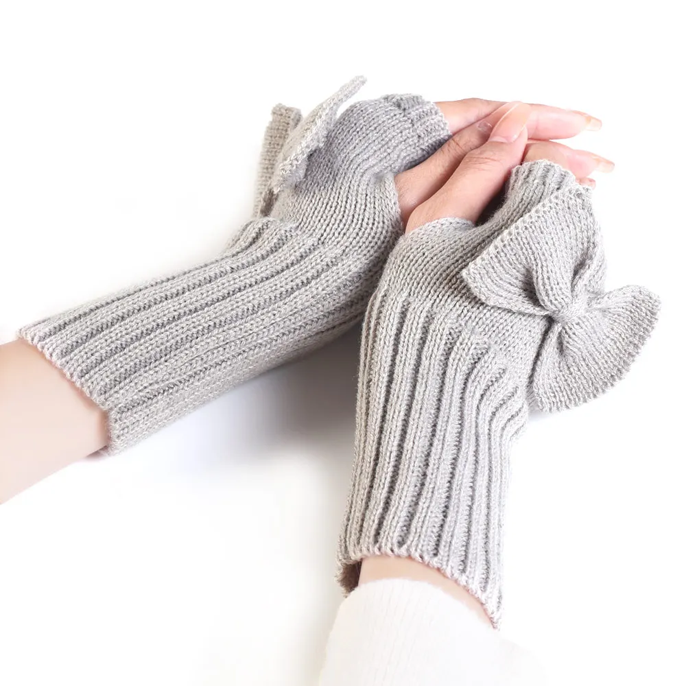 

1pair Winter Bowknot Knitted Gloves Women Girls Knitted Solid Color Warm Mittens Fingerless Thick Artificial Wool Gloves