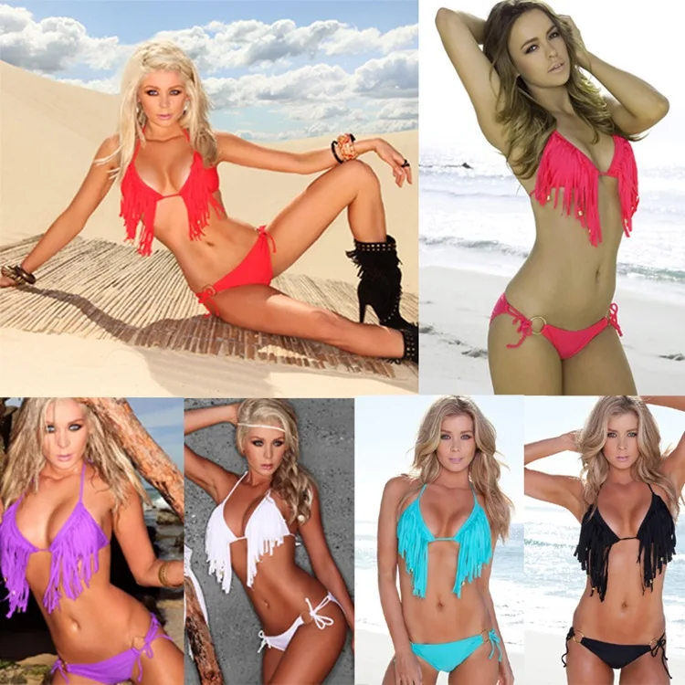 Соблазнительный женский бандажный купальник бикини с бахромой бюстгальтер пуш