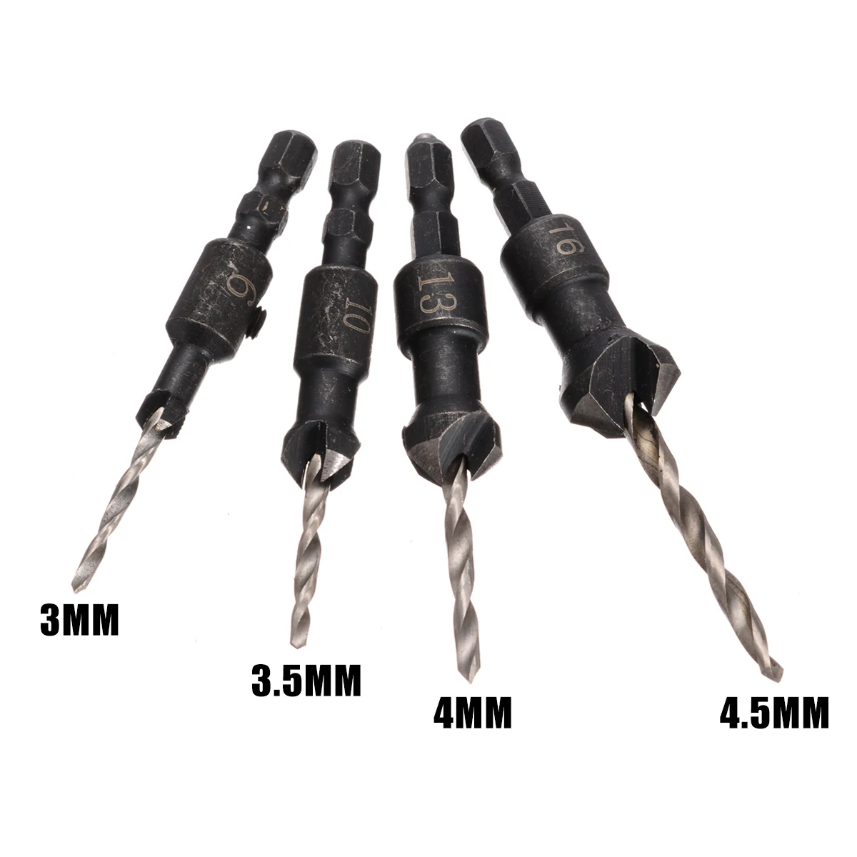 

4pcs Diameter 3mm/3.5mm/4mm/4.5mm Chamfer Drill Cone Bit Woodworking Hex Spanner Wood Carpenter Countersink Tool