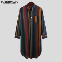 incerun vintage striped sleep robes stand collar buttons nightgown man loose cotton bathrobes men fashion long sleeve sleepwear7