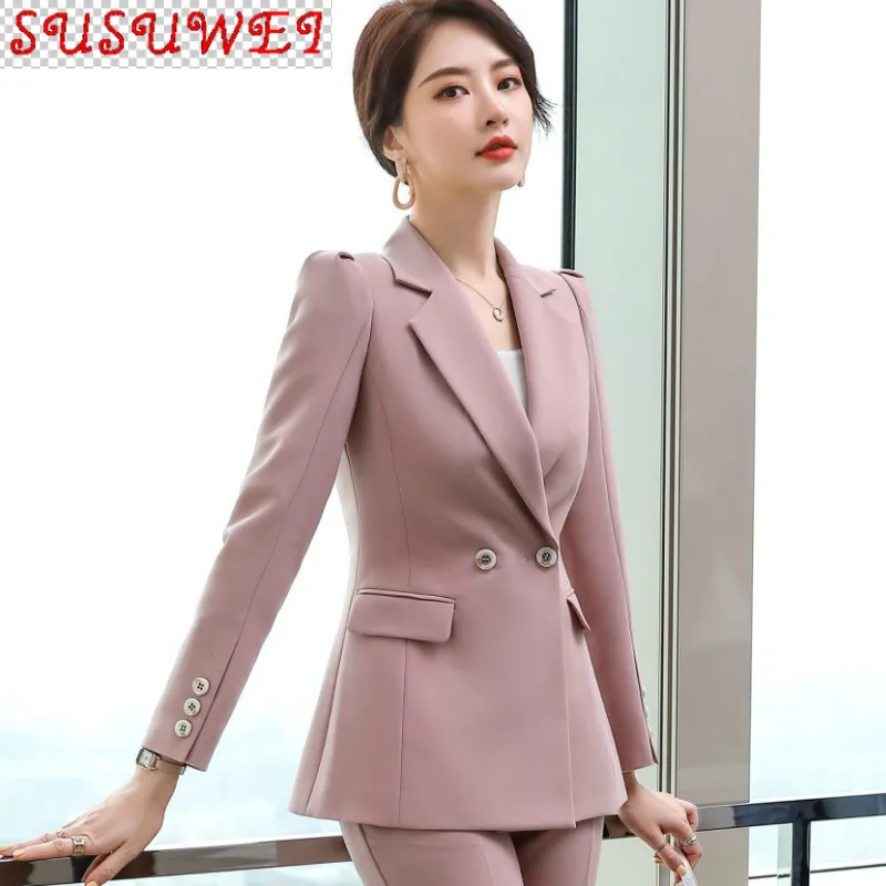 

Высококачественный осенне-зимний профессиональный женский брючный костюм из двух предметов Новинка 2021 двубортная Женская куртка повседне...