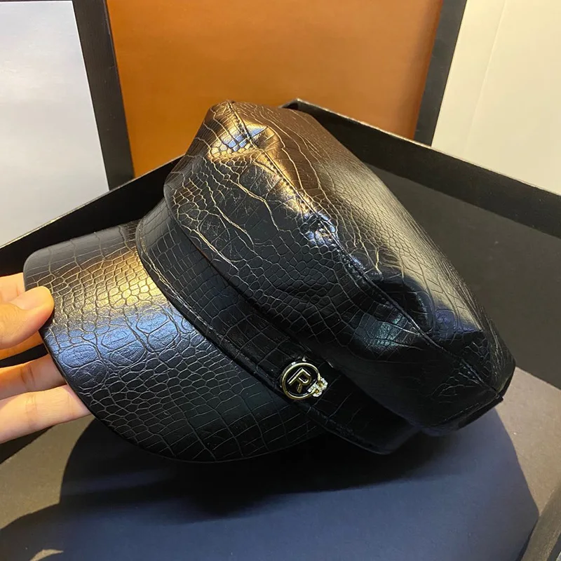 Осенне зимний натуральный Британский Ретро Черный берет из искусственной кожи