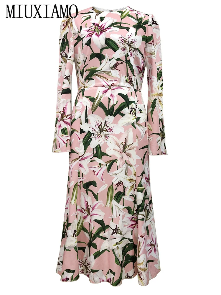 

MIUXIMAO Top Quality 2019 Early Autumn Dress Lily Flower Ptint Flare Sleeve Eleghant Casual Dress Vestido Fishtail Dress