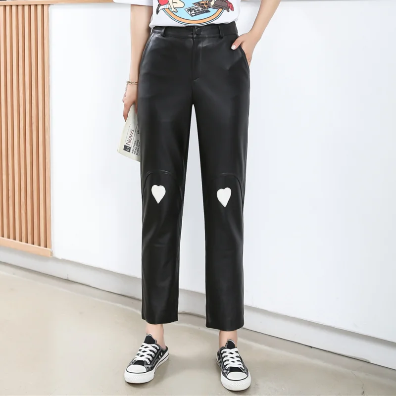 

New Designer Women's High-rise Sheepskin leather pants High Quality Genuine leather straight pants C900