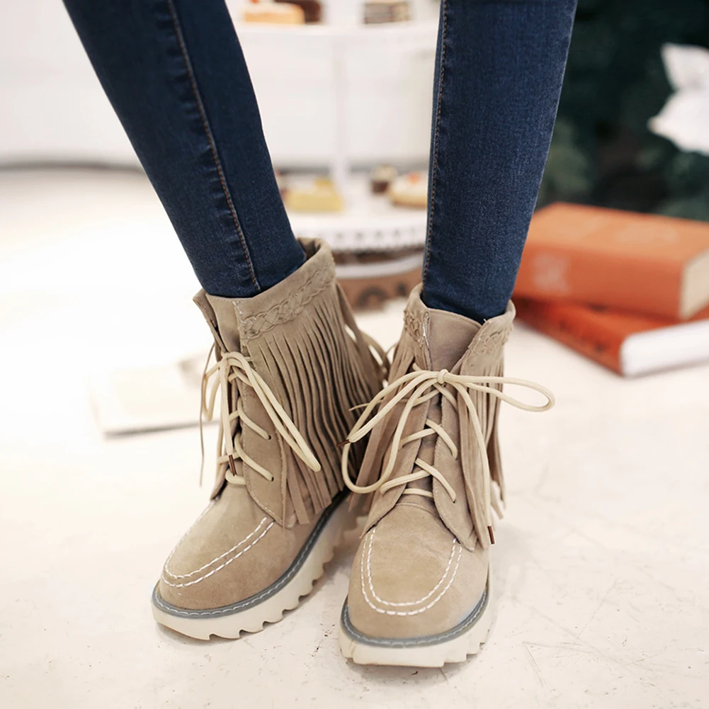 

RIBETRINI Female Stylish Flock Ankle Boots Fringe shoes lace Sewing Flat Snowboots Women Warm Short Plush Winter Shoes Woman