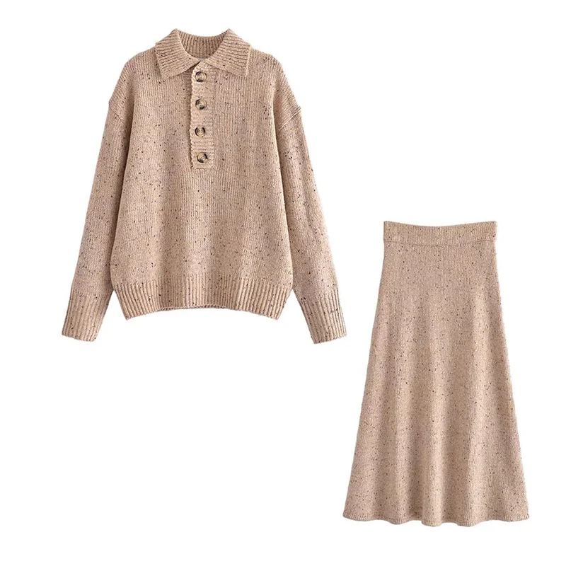 

UNIQYB ZA Winter Knitted Suit Fashion Long Sleeve Pullover Casual Warm Sets Lady Suits With Skirt Khaki Set Woman 2 Pieces Mujer