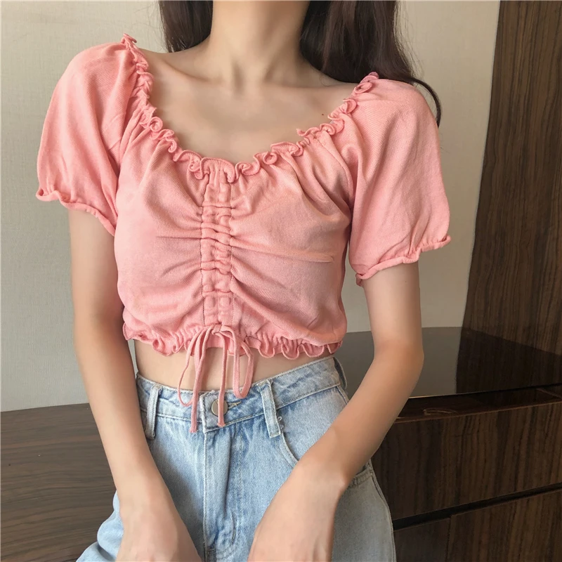 

Drawstring Design T-Shirt Summer Puff Sleeve White Short Cropped Knitted Short-Sleeved Top