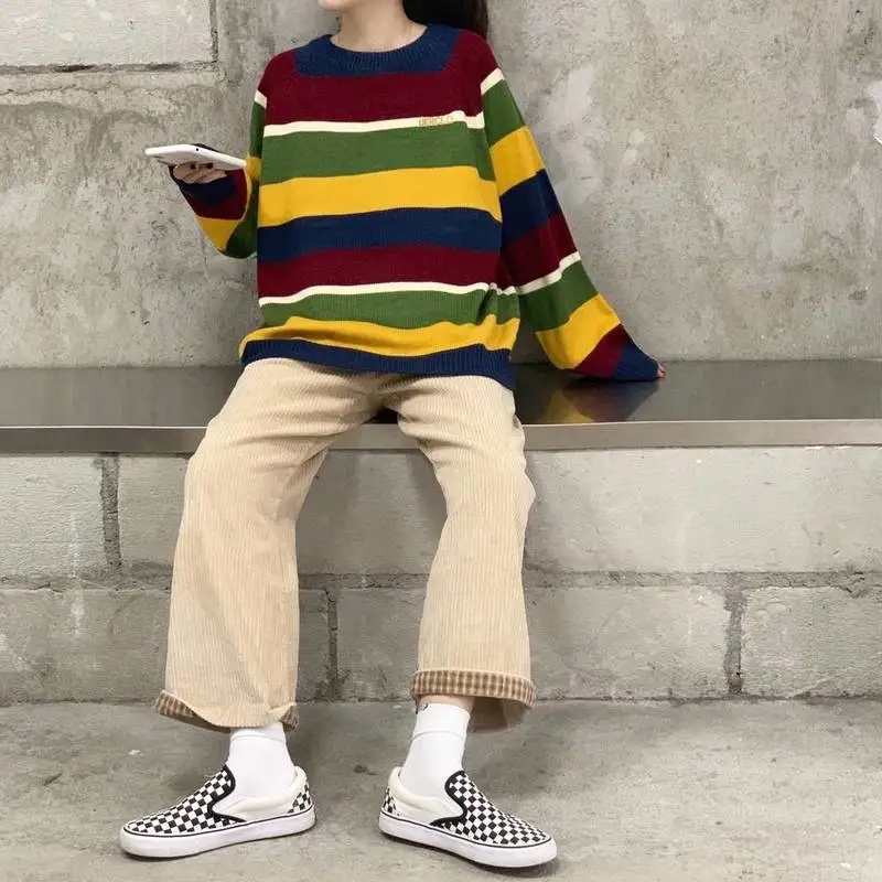 

Round neck sweater female autumn and winter striped long-sleeved large size cashmere knitted pullover sweater