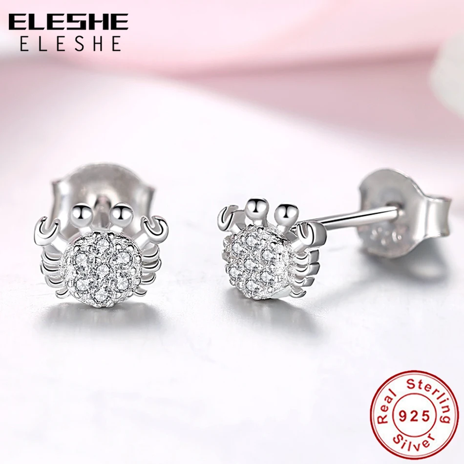 ELESHE милые серьги-гвоздики с животными 925 стерлингового серебра кубического циркония Краб бабочка серьги в виде пчел для женщин девочек ювелирные изделия Brincos