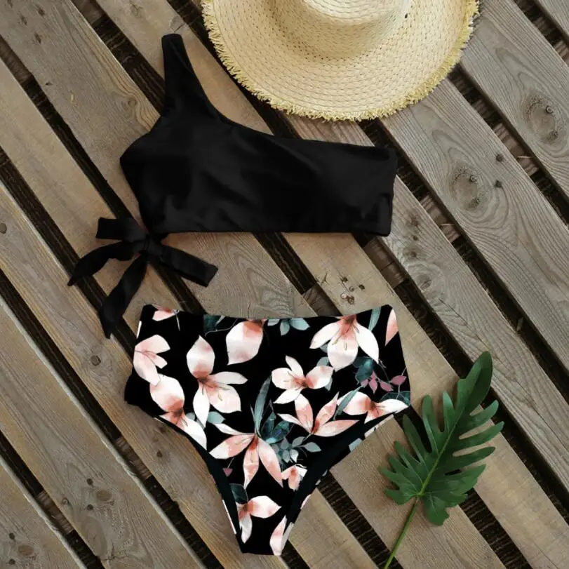 

One Shoulder Floral High Waist Bikini Lace Up Swimsuit 2 Piece Set Women Tropical Swimming Suit Female Beach Wear Biquini w481