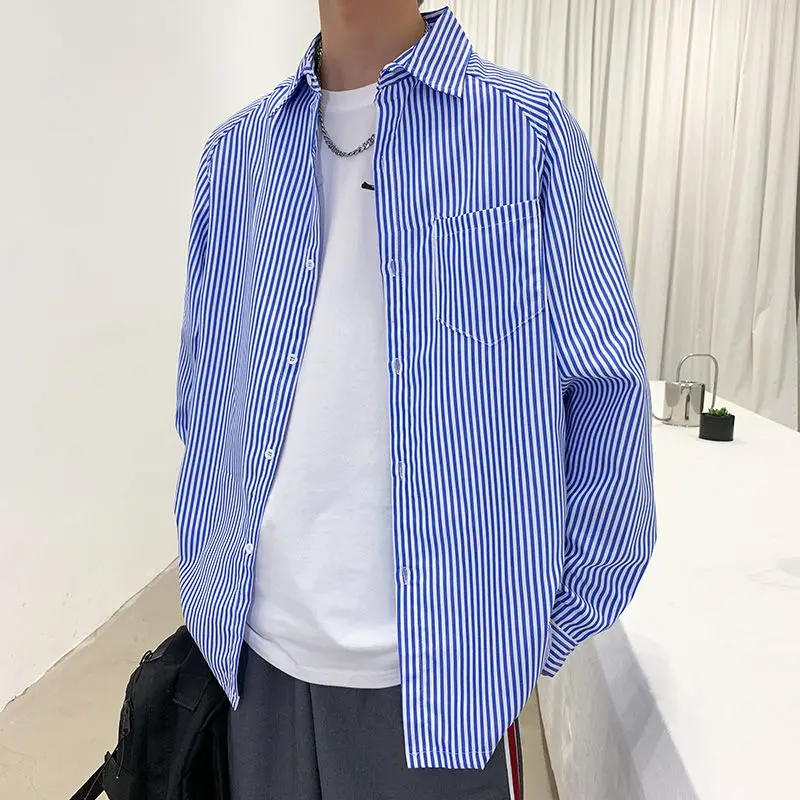 

Men Shirts Striped Vintage All-match Korean Harajku Mens Simple Oversize Streetwear Leisure Male Outwear Ulzzang Loose BF New