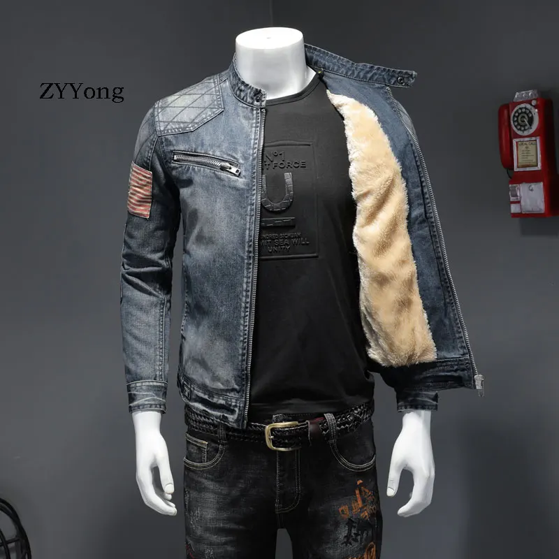 Мужская джинсовая куртка ZYYong в европейском и американском стиле с бархатным