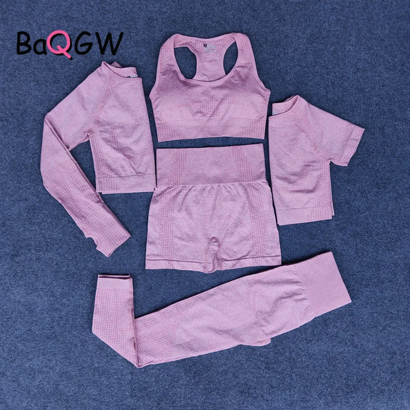 

BaQGW 5Pcs Suits Women Sporty Fitness Set Workout Sportswear Short/Long Sleeve High Waist Leggings Shorts Sports Matching Suits