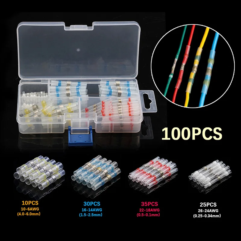 

100Pcs Mixed Heat Shrink connect Sordering Terminals Waterproof Solder Sleeve Tube Electrical Wire Insulated Butt Connectors Kit
