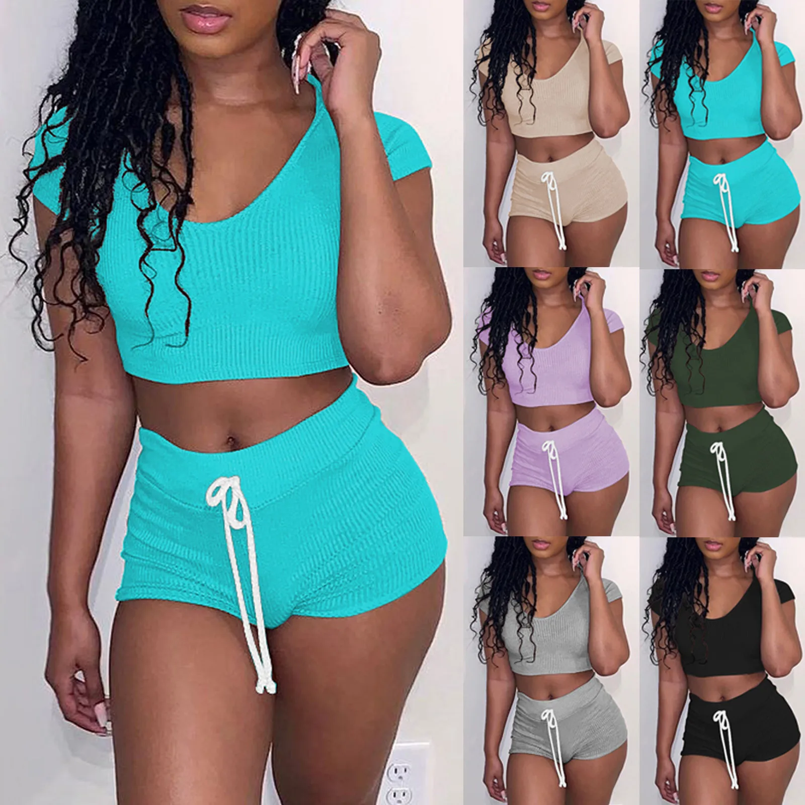 

Fashion Women Sexy Solid Color Sportswear Suit 2pc Tracksuit Short Sleeve Sets Ribbed Short-sleeved Shorts Sports Two-piece Suit