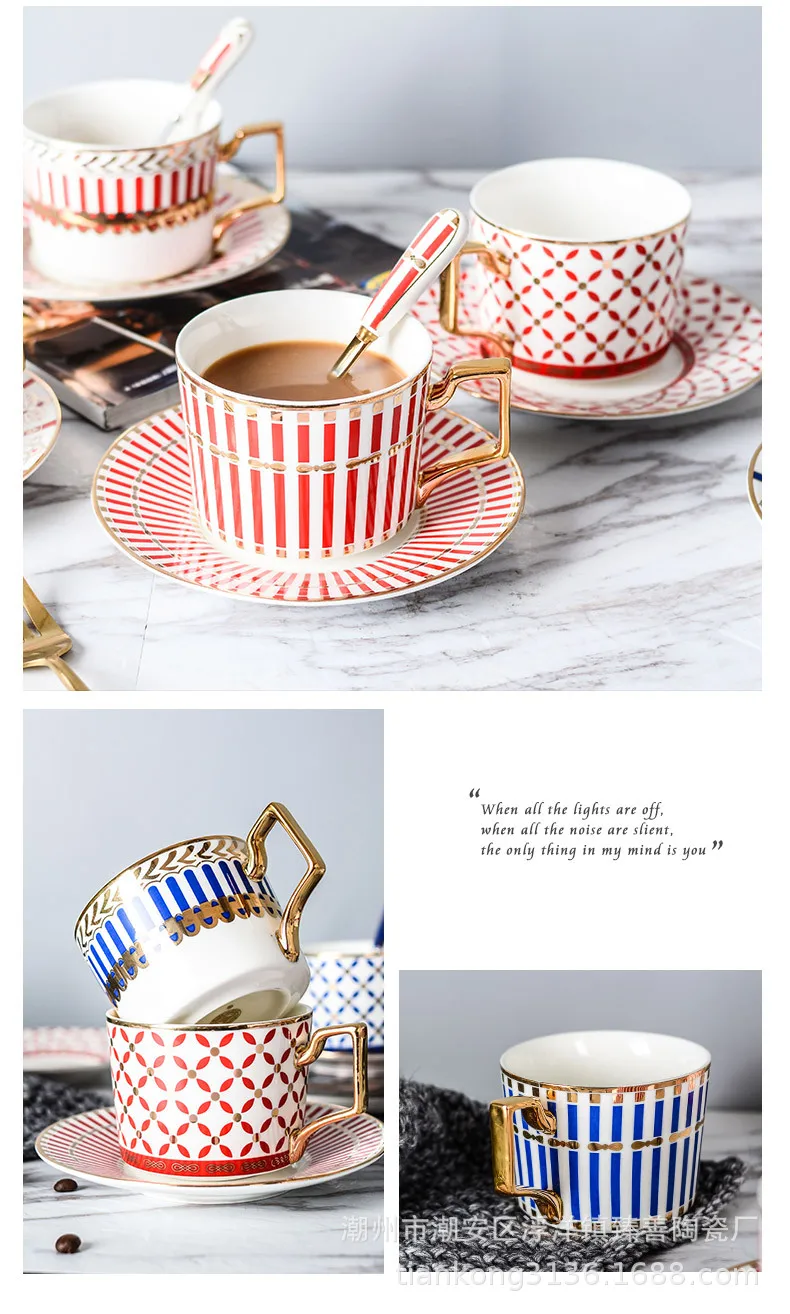 European style gold ceramic coffee cup and saucer high-end gift set simple afternoon flower tea with spoon | Дом и сад