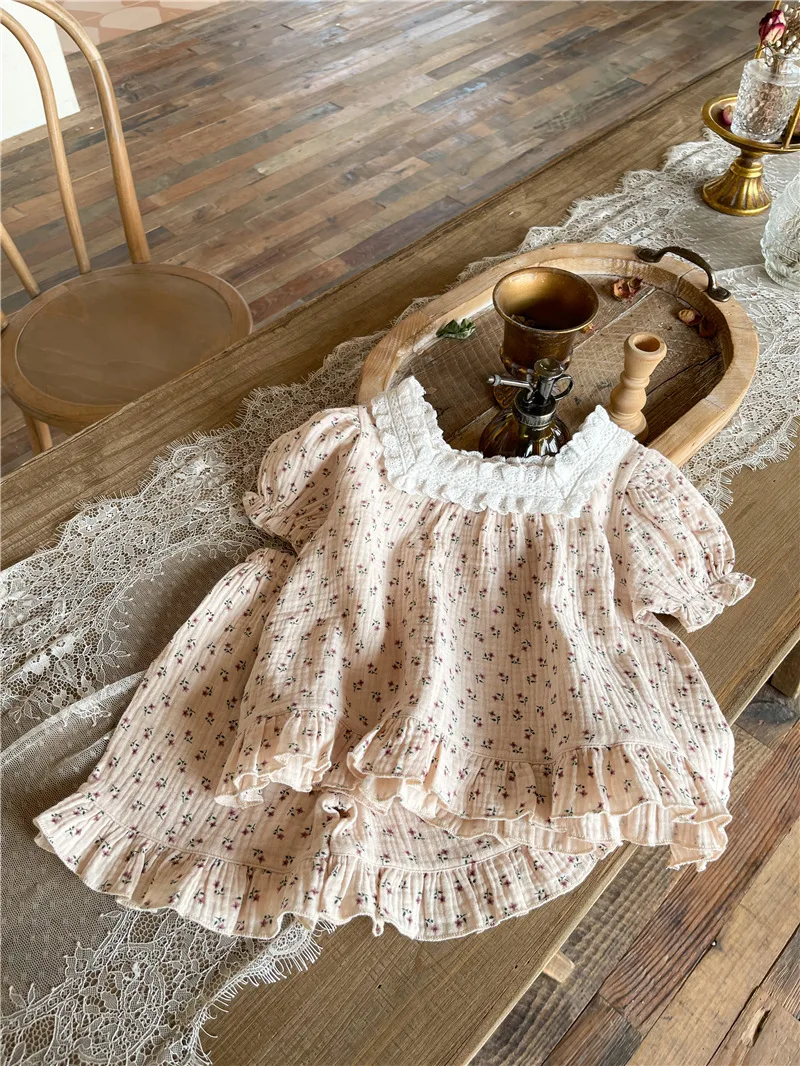 

2021 Summer Children's Clothing Girls Korean Short Sleeve Cotton Pajamas Set Floral