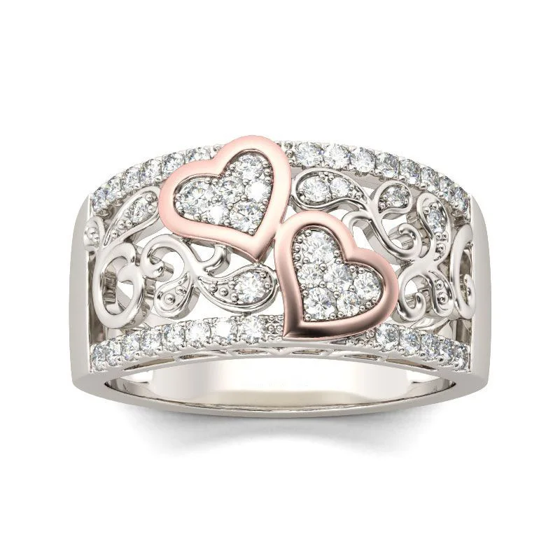

Europe And America Double Heart Heart Print Ring Rose Gold Separated Heart Ring Fashion Personality Jewelry Free Shipping