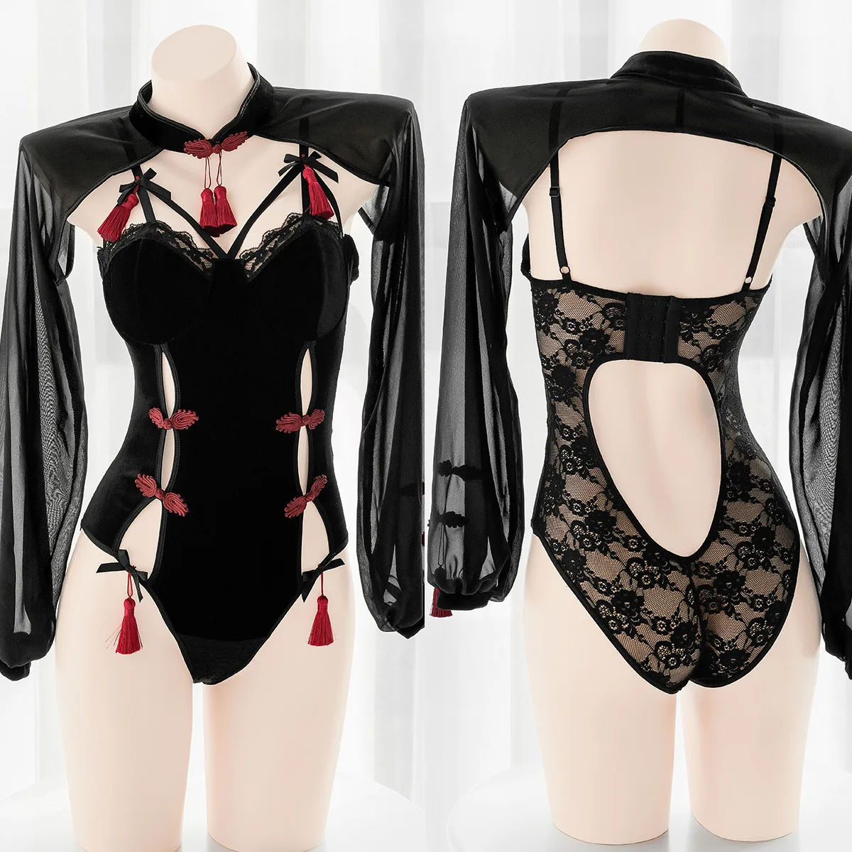 

Dull Black Cheongsam Jumpsuits Gauze Hollow Out Deep V Neck Lace Sexy Lolita Maiden Tassels Perspective One-piece Garment Suit