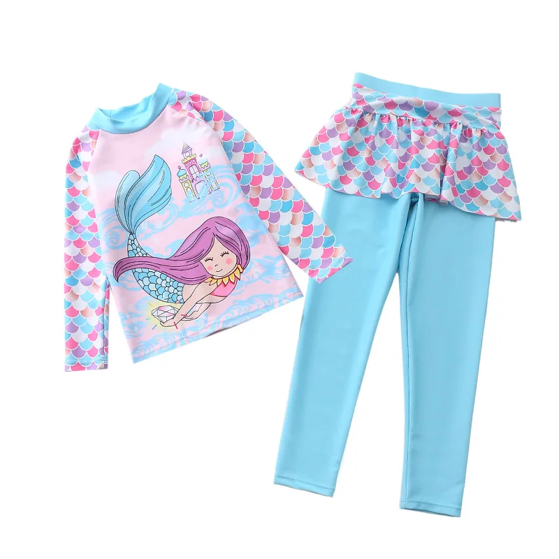 Одежда для купания девочек из двух предметов с принтом единорога русалки длинным