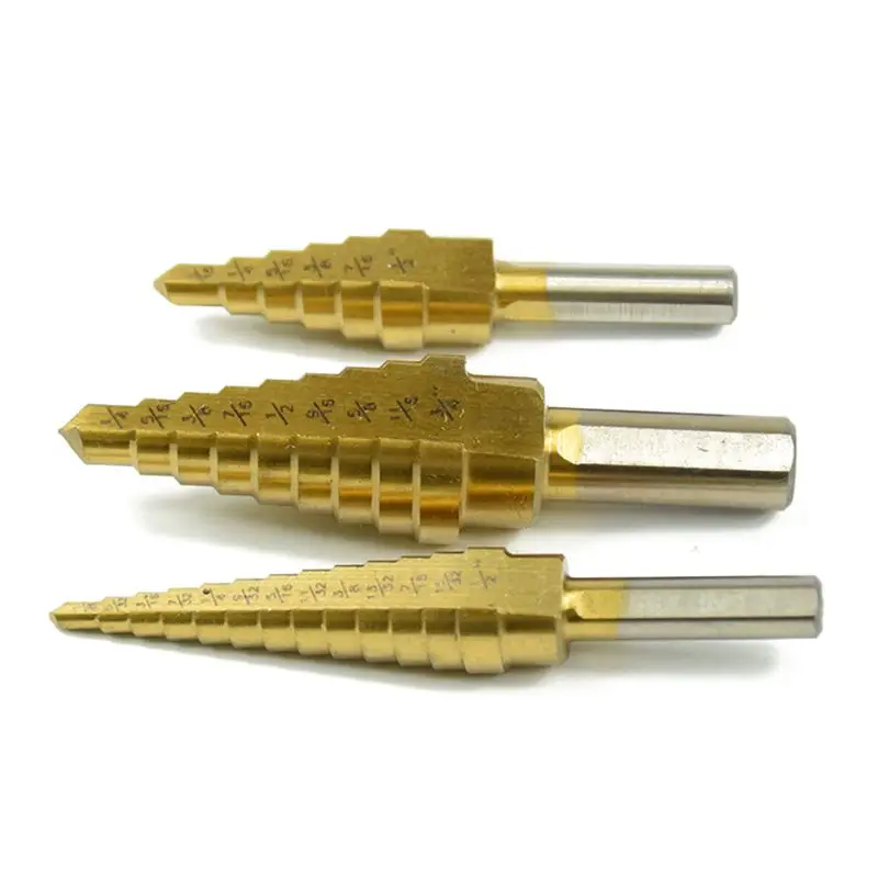 

Step Drill Bit Set - Titanium Coated, Double Cutting Blades, High Speed Steel, Short Length Drill Bits Set of 4 pcs