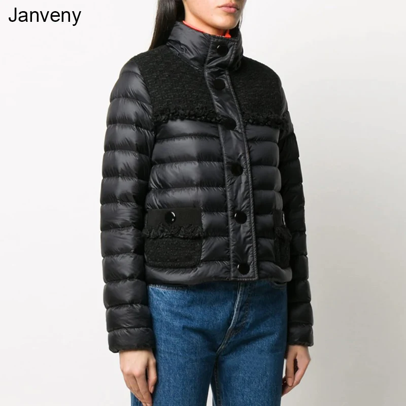 

Janveny Down Jacket Women Short Puffer Fluffy Lightweight Coat 90% Duck Down Coat Utra Light Lace Stitiching Female Overcoat