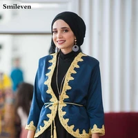 smileven satin blue karakou algerian caftan evening dresses outfit gold lace party gowns only jacket