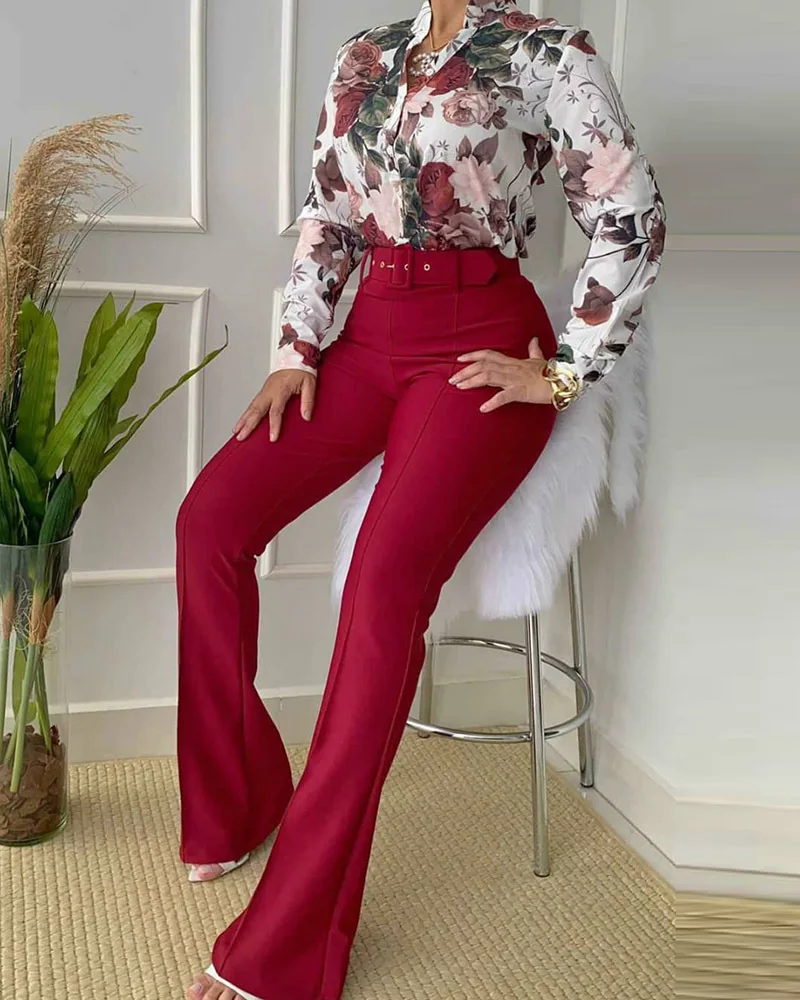

Lady 2021 spring sweet floral print chiffon long-sleeved stand-up collar shirt top + high-waist wide-leg trousers suit with belt