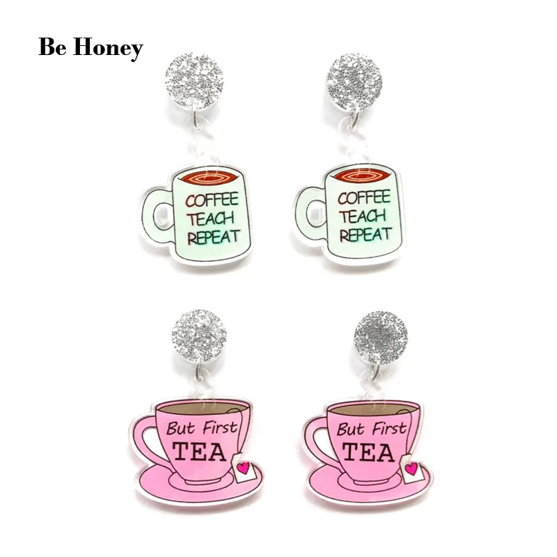 Trendy Green Coffee Teach Repeat Cup And Pink But First Tea Cup Acrylic Stud Earrings Creative Back To School Fashion Jewelry