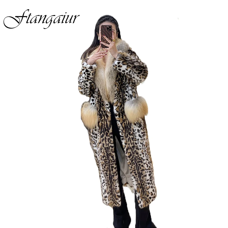 

Ftangaiur New Winter Import Velvet Mink Fur Coat With Fox Fur Collar Leopard Loose Women X-Long Natural Real Mink Fur Coats