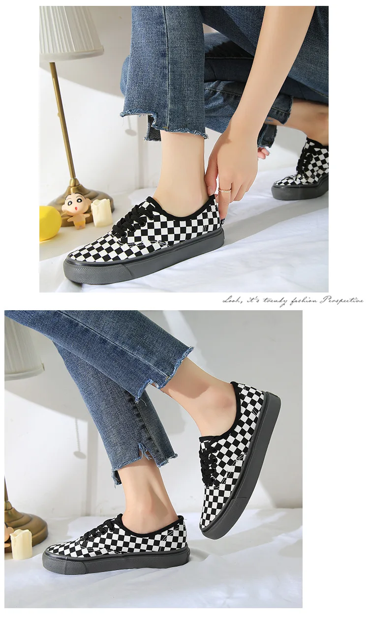 Checked Canvas Vulcanized Shoes For Both Men And Women Casual Loafers With No Lacing At One Stepulzzang Freeshipping Sale