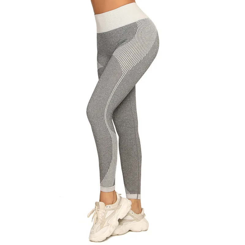 

High Waist Butt Lifting Seamless Knitted Fitness Leggings Woman Striped Workout Sports Legging NEW 2020