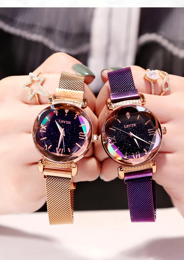 Luxury Women Watches Fashion Elegant Magnet Buckle Vibrato Purple Ladies Wristwatch New Starry Sky Roman Numeral Gift Clock
