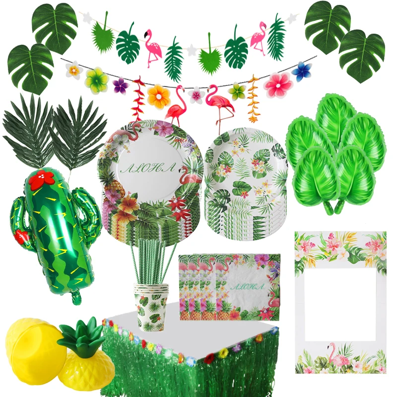 

Hawaiian Tropical Flamingo Bunting Garland Party Decoration Jungle Beach Theme Supplies Palm Leaf Topper Summer Wedding Party