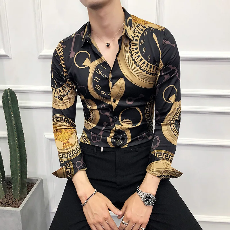 

Men Brand Shirts Plus Size M-6XL 2021 New Luxury Print Long Sleeve Shirt Fashion Slim Fit Social Tuxedo Baroque Slim Party Shirt