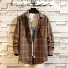 Мужская рубашка в клетку, Повседневная Свободная рубашка в Корейском стиле, с длинными рукавами, уличная одежда в стиле хип-хоп, весна-осень 2021